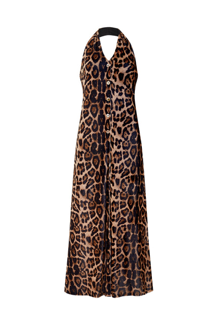 SOUR FIGS leopard velvet statement evening maxi dress with centre button detailing
