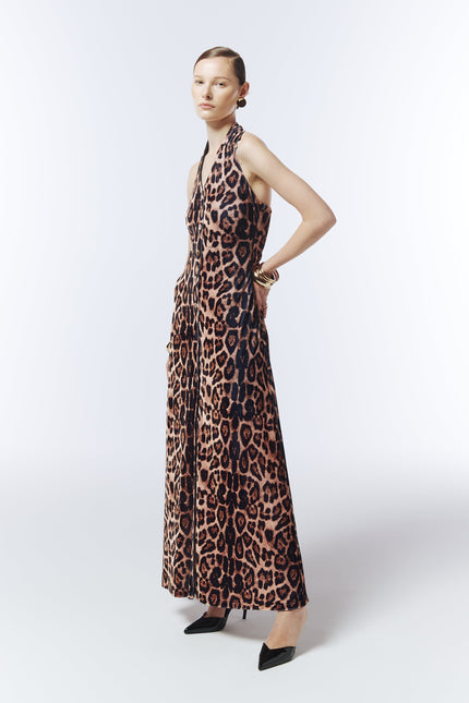 Model wearing SOUR FIGS leopard print velvet halterneck maxi dress with open back
