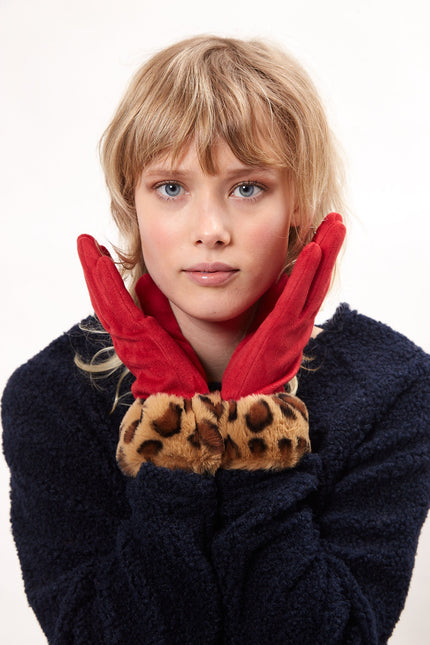 Louche Cadhla Faux Suede And Fur Cuffed Touch Screen Gloves - Red - Back