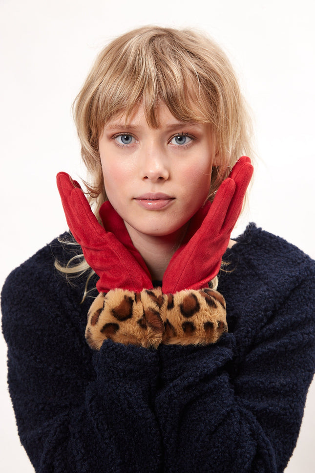 Louche Cadhla Faux Suede And Fur Cuffed Touch Screen Gloves - Red - Back