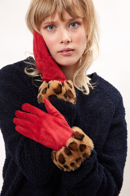 Louche Cadhla Faux Suede And Fur Cuffed Touch Screen Gloves - Red - Front
