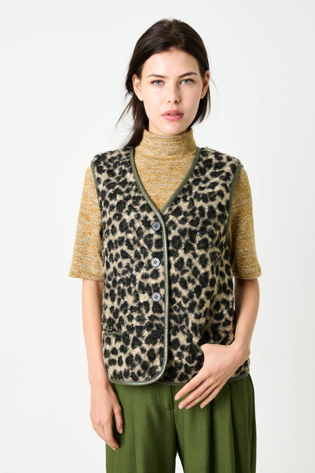Chris Animal Print Gilet - Green - Front
