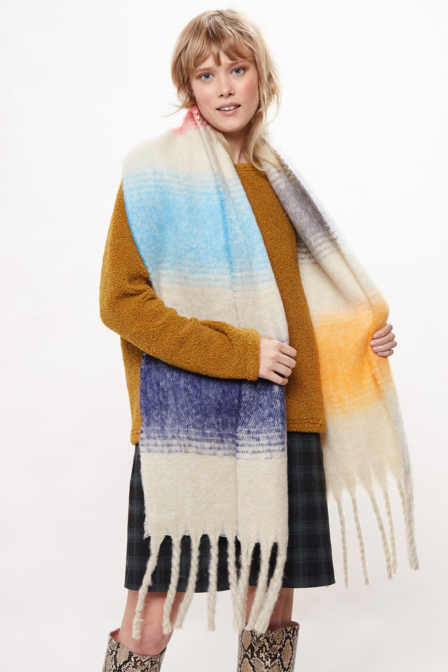 Louche Ciara Cosy Fluffy Striped Tassel Scarf - Beige - Front