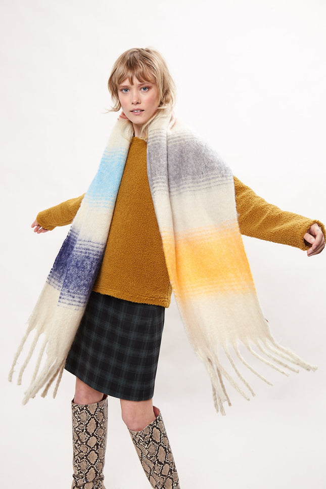 Louche Ciara Cosy Fluffy Striped Tassel Scarf - Beige - Detail 2