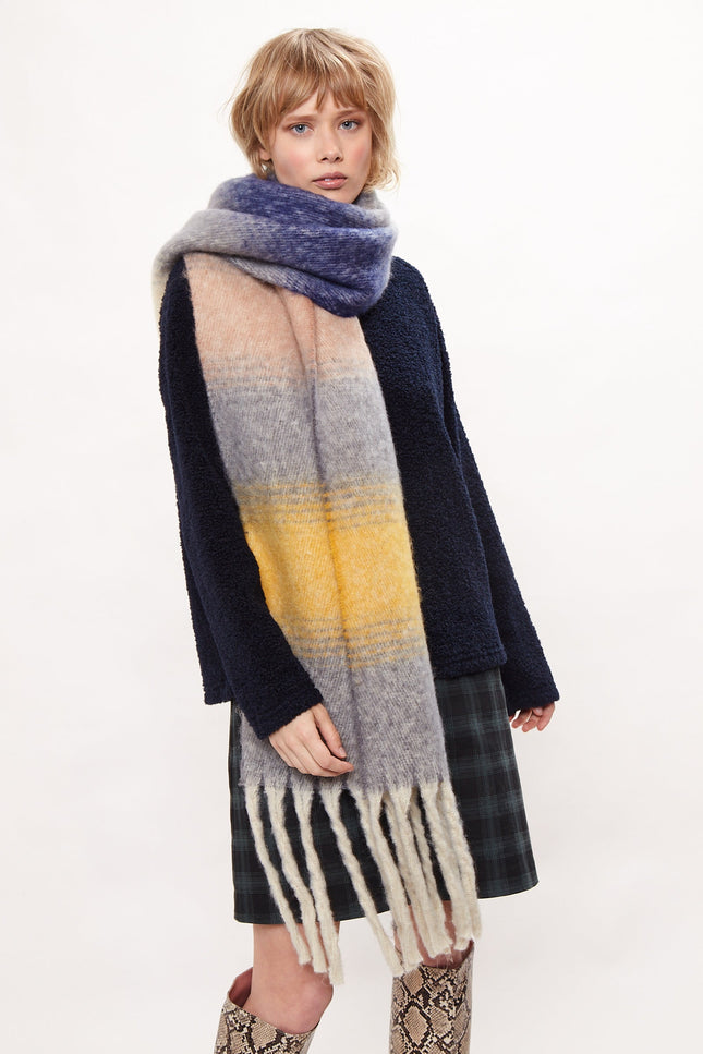 Louche Ciara Cosy Fluffy Striped Tassel Scarf - Grey - Front