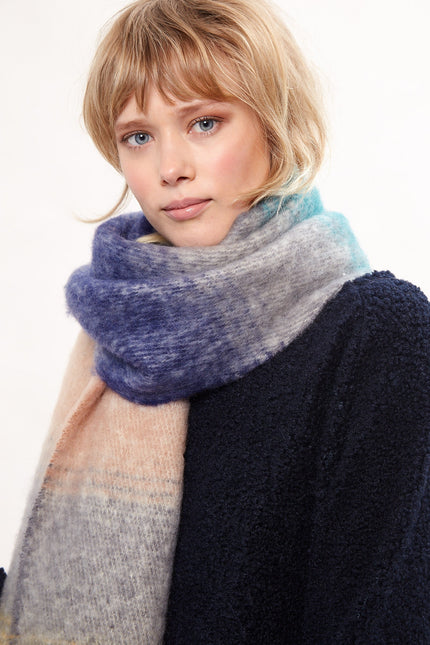 Louche Ciara Cosy Fluffy Striped Tassel Scarf - Grey - Back