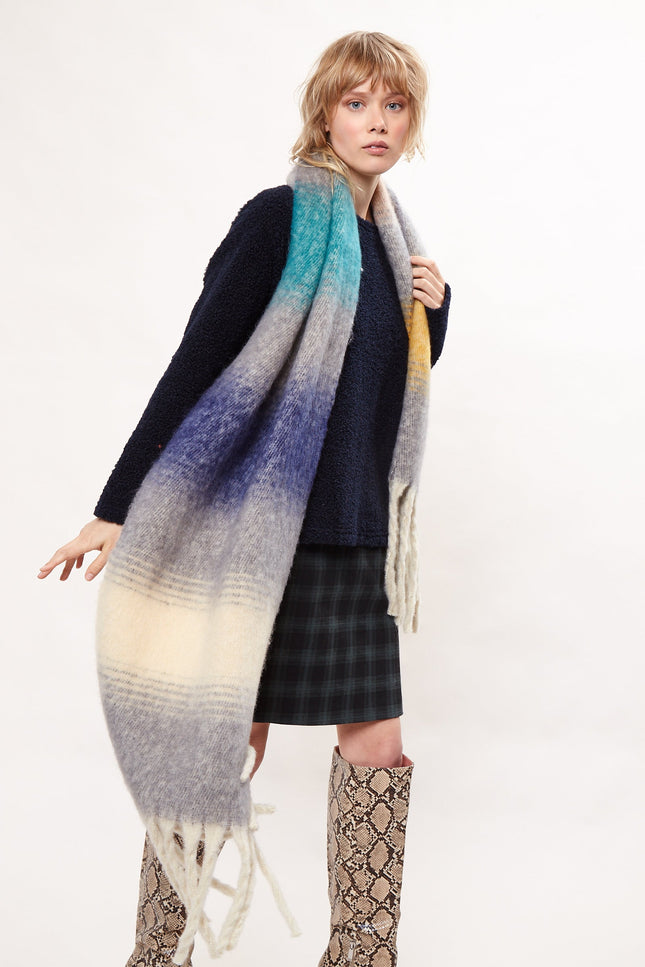 Louche Ciara Cosy Fluffy Striped Tassel Scarf - Grey - Detail 1