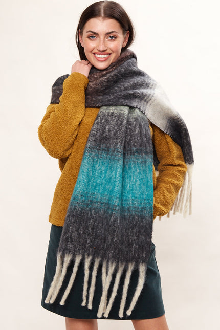 Louche Ciara Cosy Fluffy Striped Tassel Scarf - Navy - Front