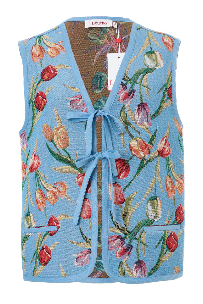 Claude Tulip Jacquard Tie Front Waistcoat - Blue - Styled