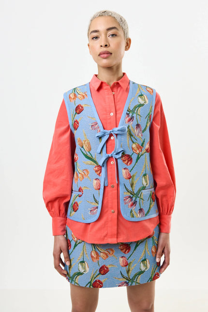 Claude Tulip Jacquard Tie Front Waistcoat - Blue - Front