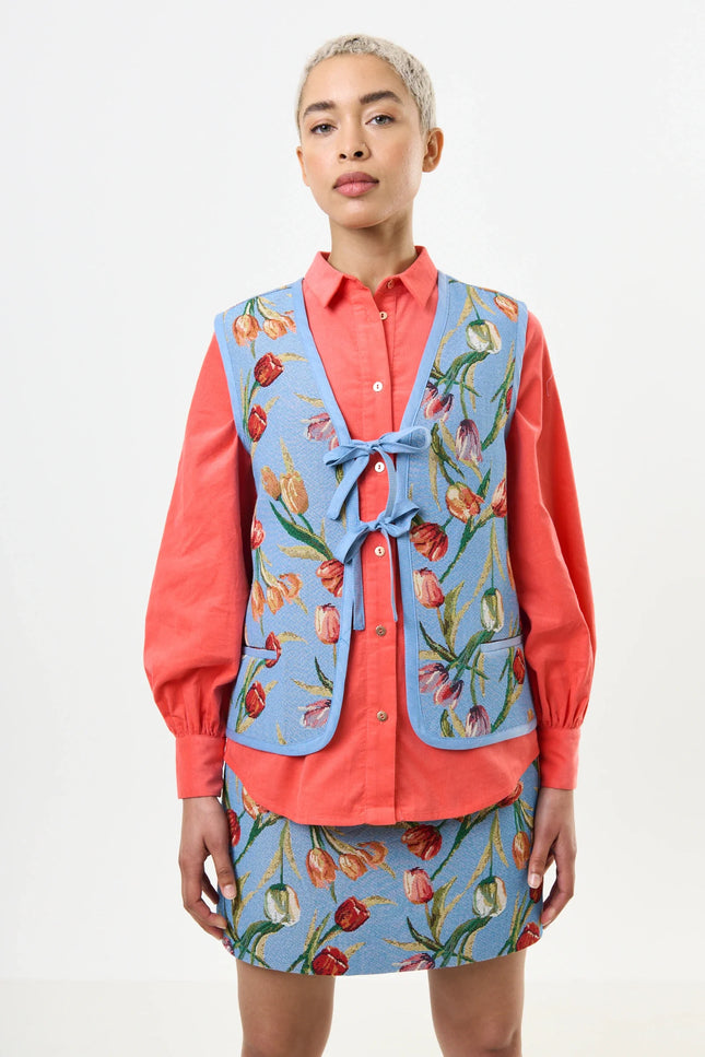 Claude Tulip Jacquard Tie Front Waistcoat - Blue - Front