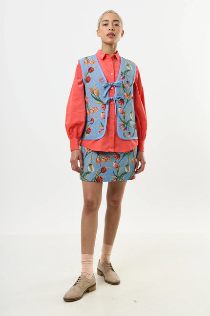 Claude Tulip Jacquard Tie Front Waistcoat - Blue - Detail 3