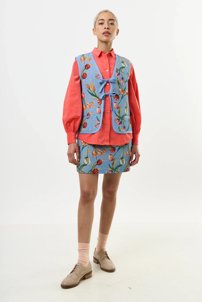 Claude Tulip Jacquard Tie Front Waistcoat - Blue - Detail 3