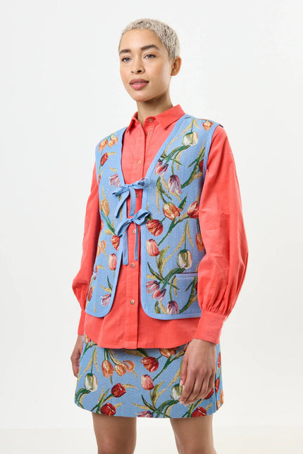 Claude Tulip Jacquard Tie Front Waistcoat - Blue - Detail 1