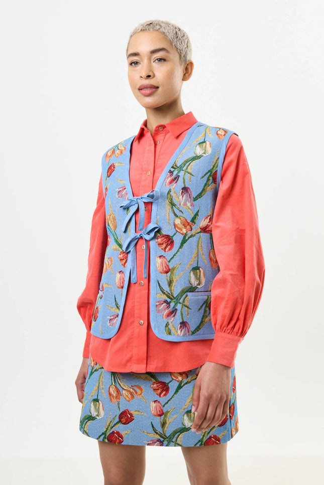 Claude Tulip Jacquard Tie Front Waistcoat - Blue - Detail 1
