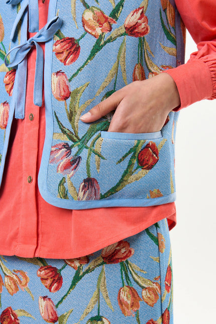 Claude Tulip Jacquard Tie Front Waistcoat - Blue - Detail 2