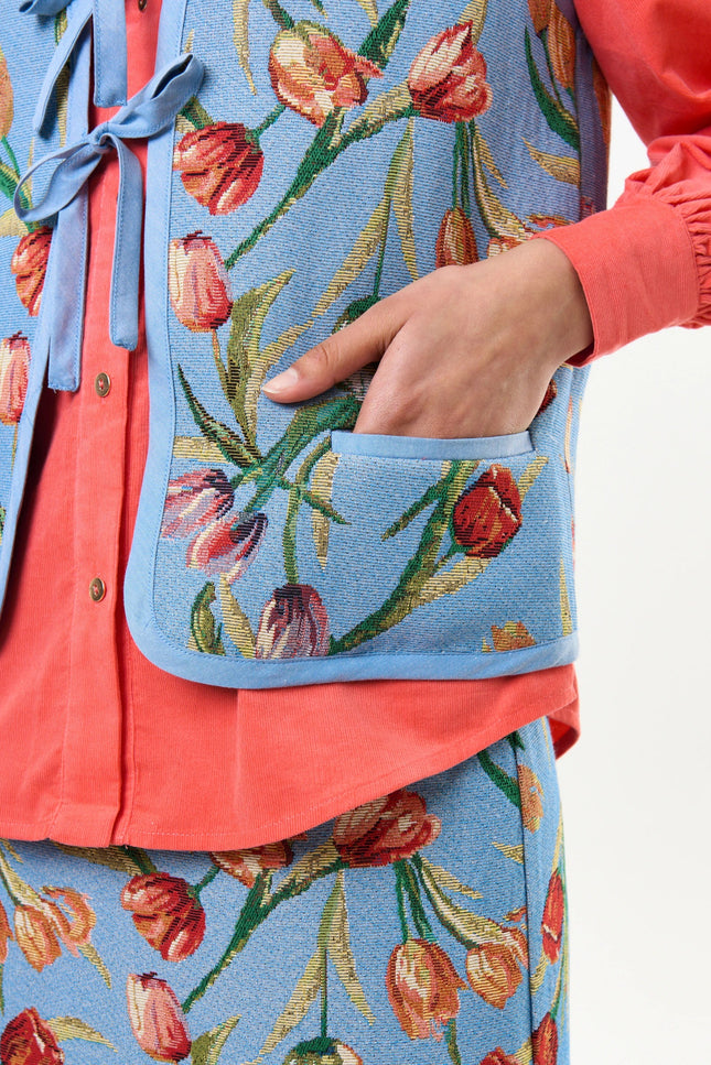 Claude Tulip Jacquard Tie Front Waistcoat - Blue - Detail 2