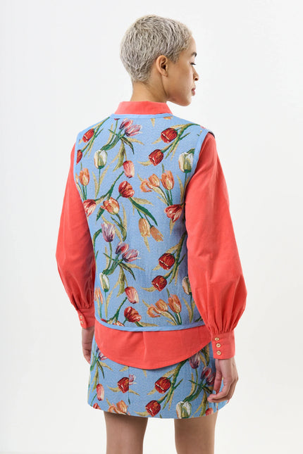 Claude Tulip Jacquard Tie Front Waistcoat - Blue - Back
