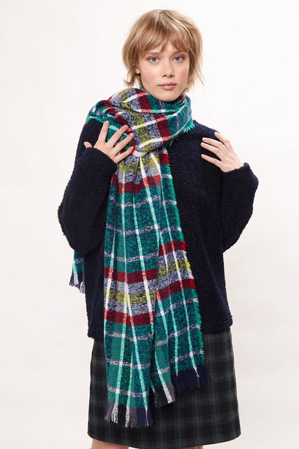 Louche Clodagh Warm Handle Checked Scarf With Fringed Edge - Green - Front