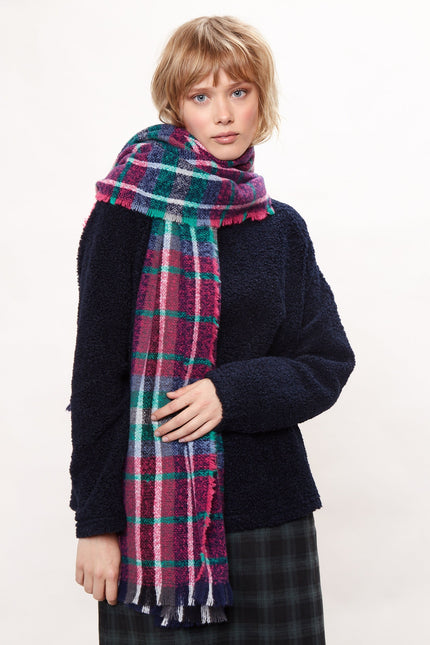 Louche Clodagh Warm Handle Checked Scarf With Fringed Edge - Navy - Front