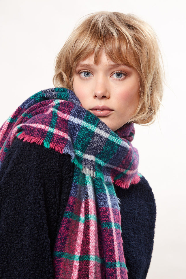 Louche Clodagh Warm Handle Checked Scarf With Fringed Edge - Navy - Back