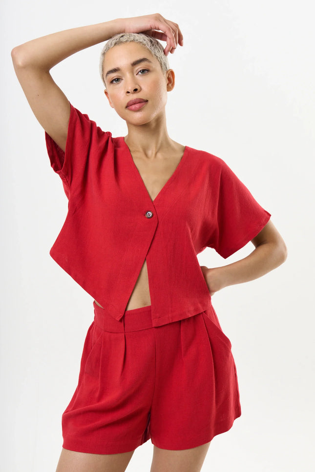 Cloe Linen Mix Extended Shoulder Waistcoat Red - Detail 3
