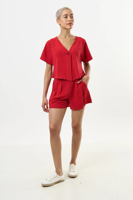 Cloe Linen Mix Extended Shoulder Waistcoat Red - Back
