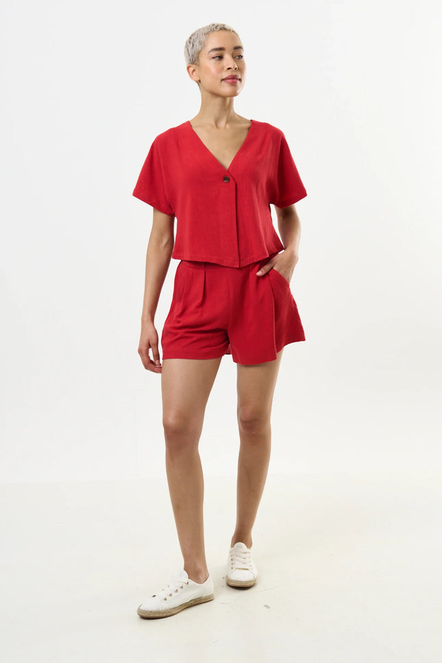 Cloe Linen Mix Extended Shoulder Waistcoat Red - Back