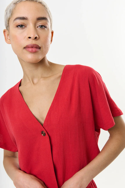 Cloe Linen Mix Extended Shoulder Waistcoat Red - Detail 1