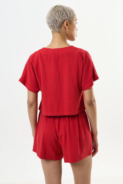 Cloe Linen Mix Extended Shoulder Waistcoat Red - Detail 2