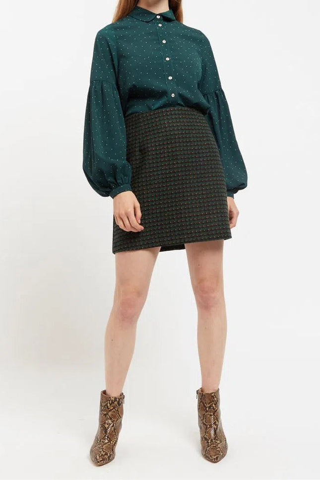 Louche Aubin Cottage Check A Line Mini Skirt Green - Front