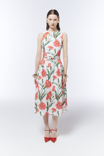 Front view of the SOUR FIGS sleeveless floral midi dress with round neckline and coordinating buckle belt.
