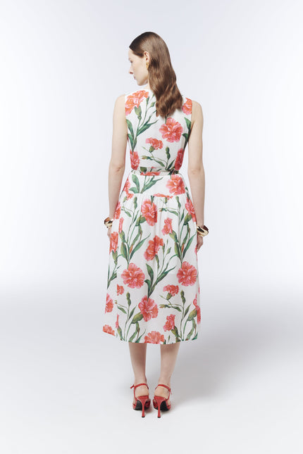 Back view of the SOUR FIGS belted floral midi dress with a softly gathered skirt and botanical pattern.