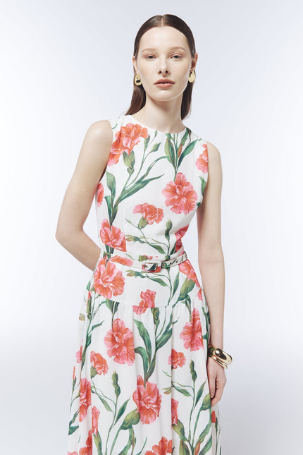 Close-up of the SOUR FIGS coral carnation print, round neckline and adjustable fabric-covered belt.
