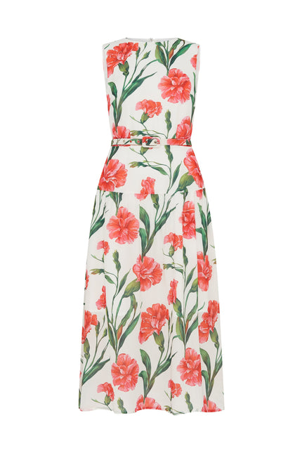 SOUR FIGS Carnation Print Belted Midi Dress in Porcelain White with coral-red flowers and green botanical stems.