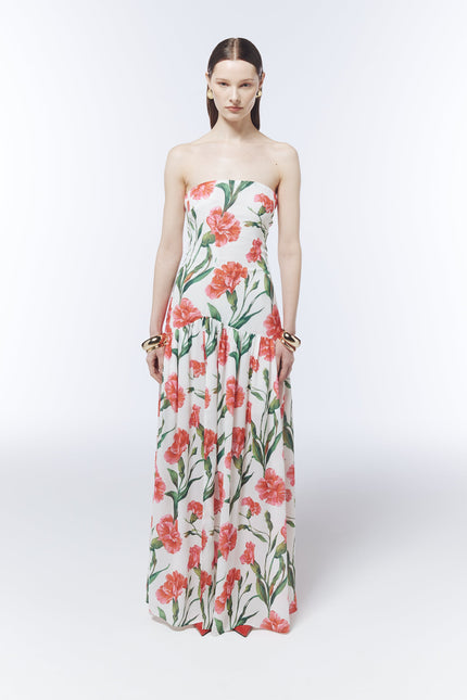 SOUR FIGS porcelain white floral maxi dress with coral carnation print and bandeau neckline