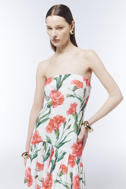SOUR FIGS carnation print maxi dress styled for summer parties and destination weddings