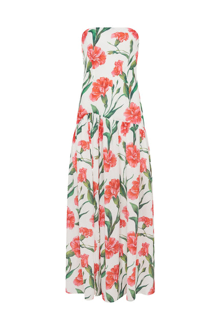 SOUR FIGS strapless floral evening dress in Porcelain White with red flowers and green foliage