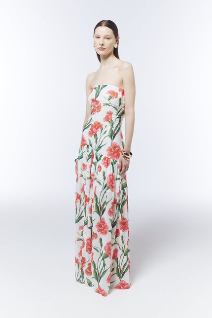SOUR FIGS strapless wedding guest dress with fitted bodice and asymmetric drop waist