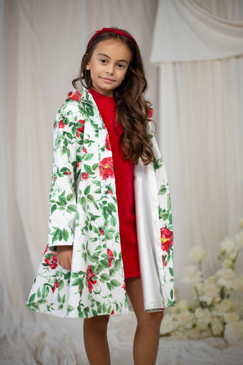 RainSisters | Girls' White Short Coat with Flower Print 'Charming Rose'