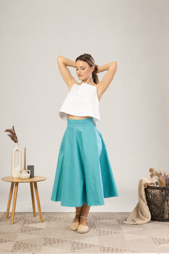 Nikka Place | Midi Flared Cotton Skirt With Pockets in Turquoise