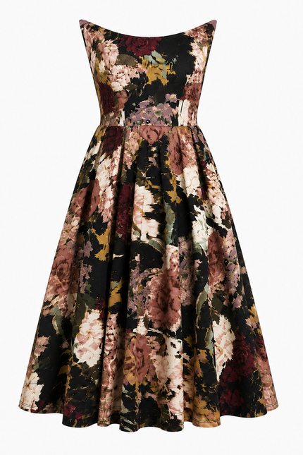 The Sarvin Golshifteh Floral Corset Midi Dress is sleeveless with a fitted bodice and pleated midi skirt, showcasing dark red, pink, beige, and green florals on black. Displayed against a white background.