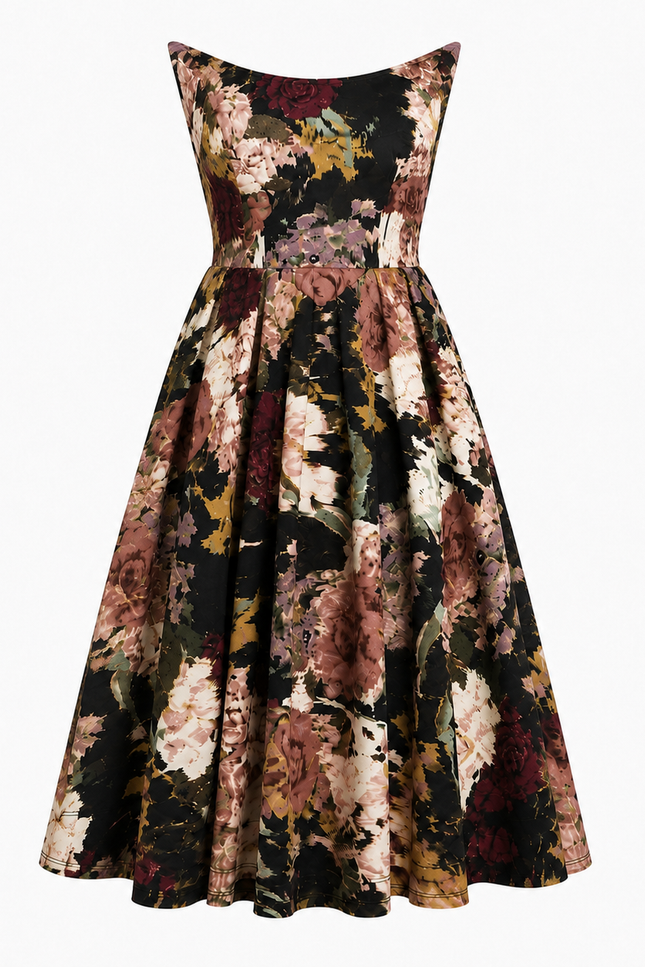 The Sarvin Golshifteh Floral Corset Midi Dress is sleeveless with a fitted bodice and pleated midi skirt, showcasing dark red, pink, beige, and green florals on black. Displayed against a white background.