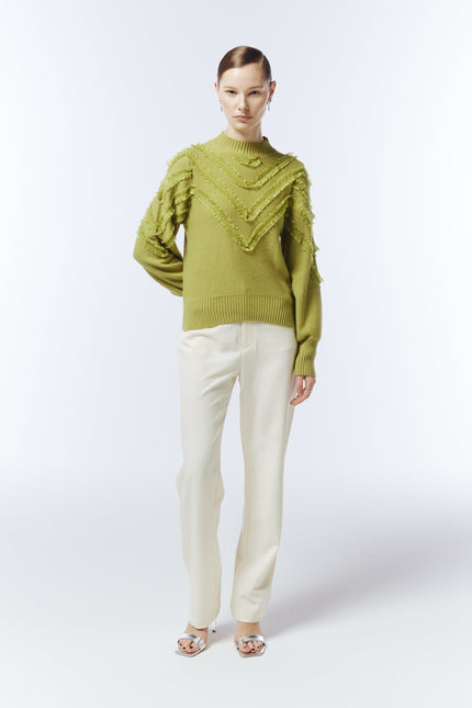 Sour Figs chartreuse green knit jumper styled with ivory trousers
