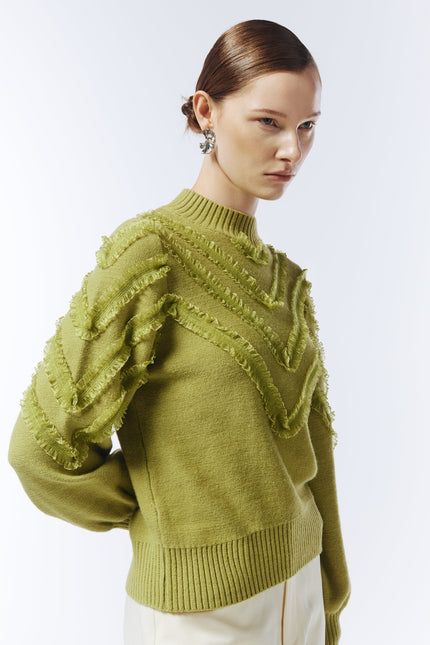 Sour Figs textured knit jumper with chevron ruffle detailing in chartreuse green