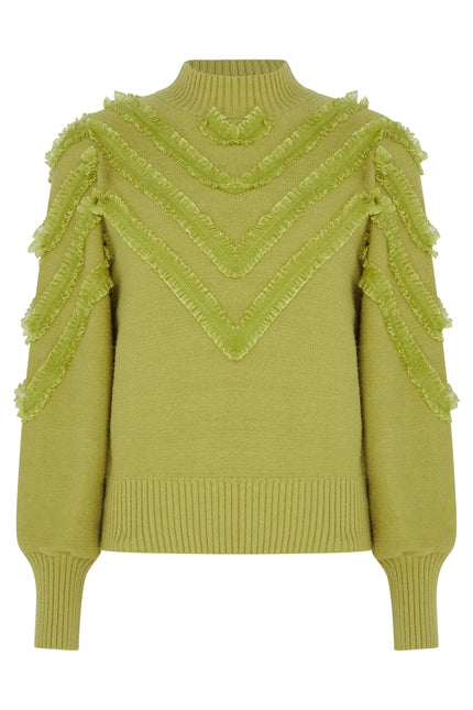 Sour Figs chartreuse green chevron ruffle-detail knit jumper product image