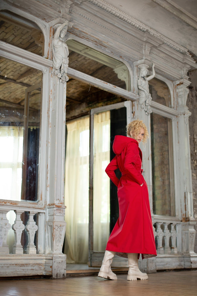 Belted bright red coat in maxi length and hood