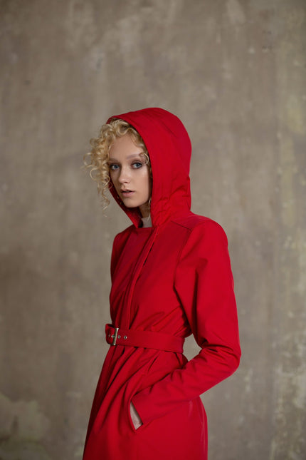 Hooded Double breasted bright red waterproof coat