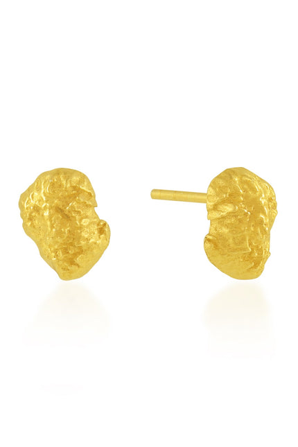 Pair of gold textured stud earrings on a white background By Arvino