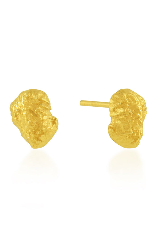 Pair of gold textured stud earrings on a white background By Arvino